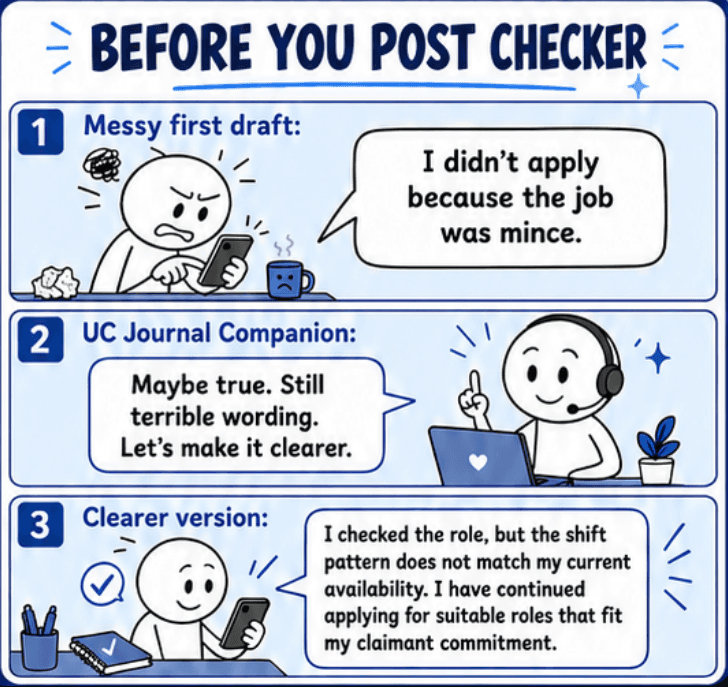 Three-panel Before You Post example showing a rough first draft, the Companion response and clearer journal wording